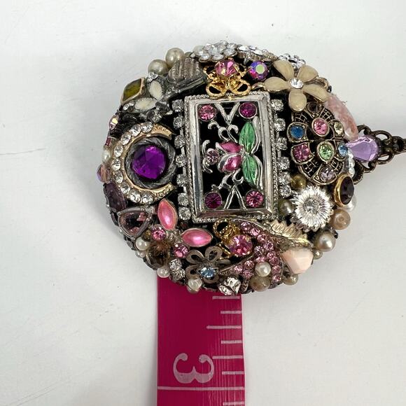 Handcrafted Bejeweled Handheld Mirror Miniature Ladies Mosaic Jewelry Beveled 5" - Picture 9 of 12